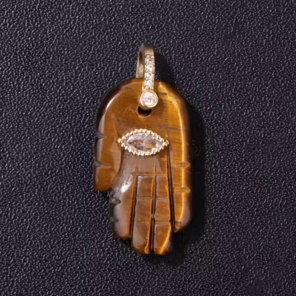 Tiger Eye Hand Hamsa Stone Pendant Charm - Picture 7 of 7